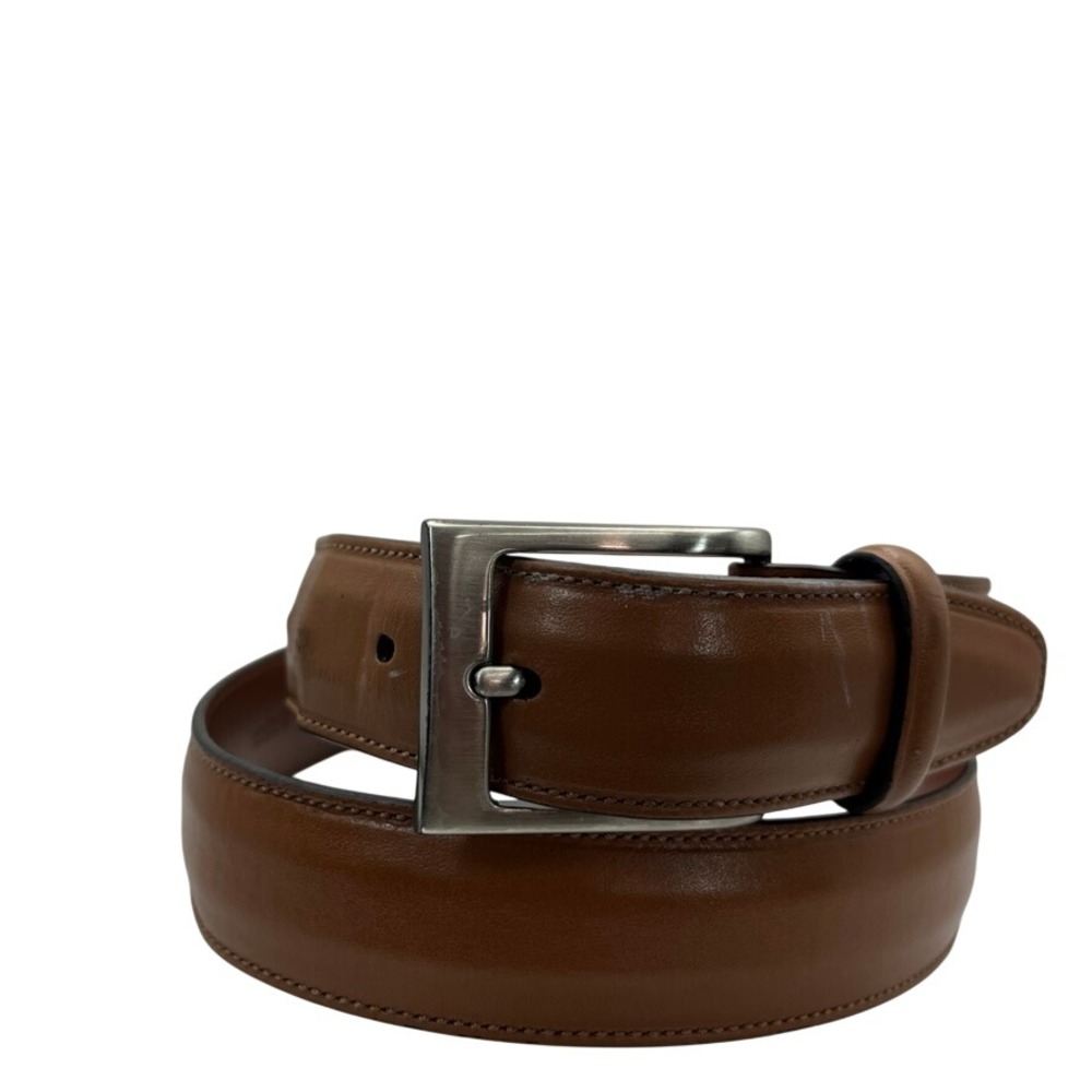 Perry Ellis Portfolio Mens Tan Brown Leather Dress Belt 34 Silver Buckle 1PE2030